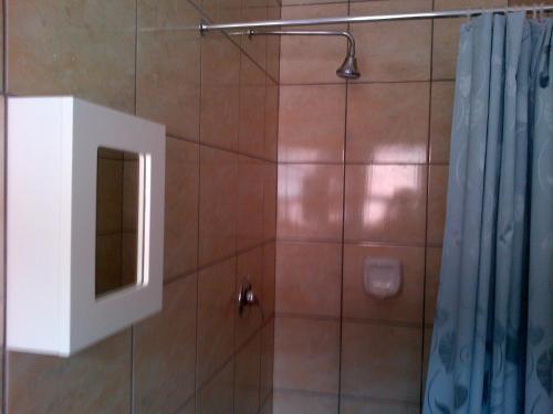 a bathroom with a shower with a toilet and a window at Chisam Guest Lodge Pty Ltd in Johannesburg