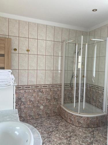 a bathroom with a shower and a sink at Apartamenty Rodzinne Zdrojowe in Kudowa-Zdrój