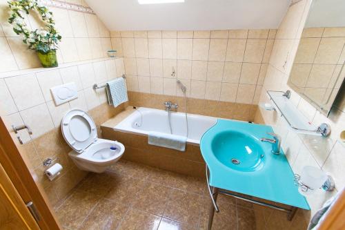 a bathroom with a sink and a toilet and a tub at Penzion U Kapličky in Malá Hraštice