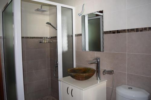 a bathroom with a sink and a toilet and a mirror at Lotus Villa in Flic-en-Flac