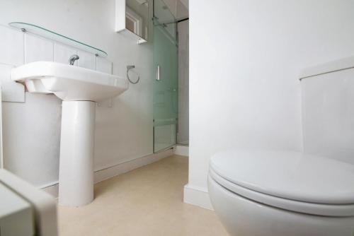 La salle de bains est pourvue d'un lavabo et de toilettes. dans l'établissement 2BR flat with roof terrace, à Londres