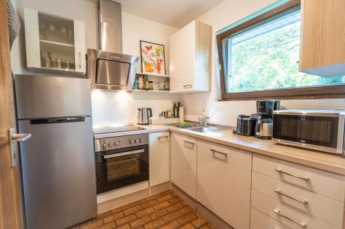 eine Küche mit einem Kühlschrank aus Edelstahl und einem Fenster in der Unterkunft Appartement Langhammer in Tübingen