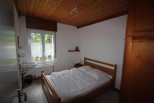 1 dormitorio con cama y ventana en Gîte Les Jonquilles, en Le Bonhomme