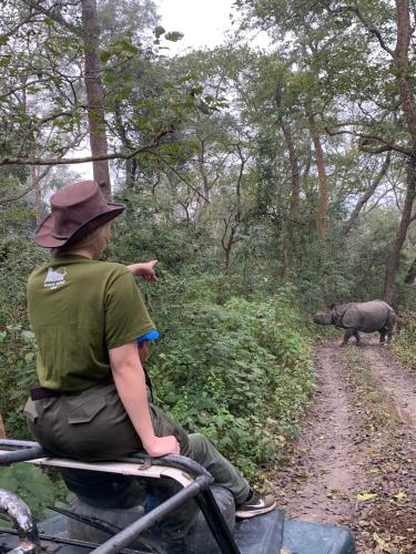 a man riding on the back of an elephant in the forest at Machan Country Villa in Chitwan