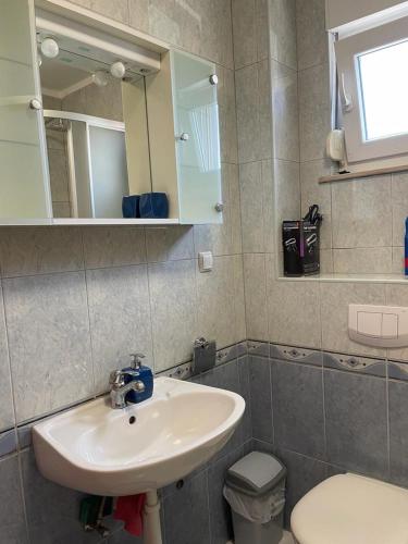 a bathroom with a sink and a toilet and a mirror at Lili Murter in Murter