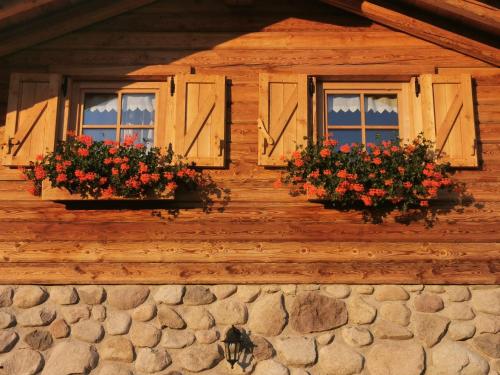 una casa de madera con 2 ventanas con flores. en Baita dei Fovi, en Baselga di Pinè