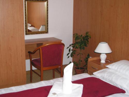 a hotel room with a bed and a chair and a mirror at Penzion Hubert Františkovy Lázně in Františkovy Lázně