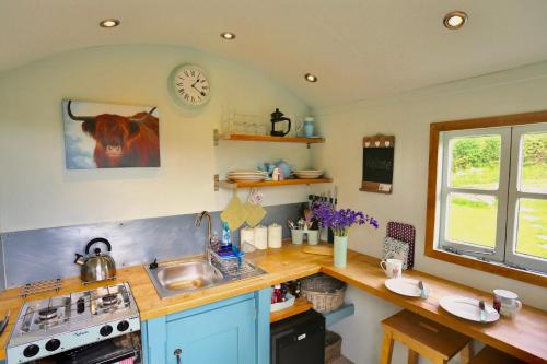 a kitchen with a counter and a sink and a clock at Bluebell huts in Abergavenny