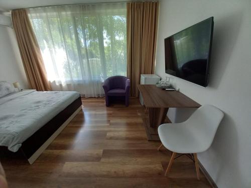 Schlafzimmer mit einem Bett, einem Schreibtisch und einem TV in der Unterkunft 4 Seasons Apartments in Bistriţa