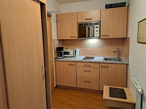 eine kleine Küche mit Holzschränken und einem Waschbecken in der Unterkunft Apartment Rosa-8 by Interhome in Mayrhofen
