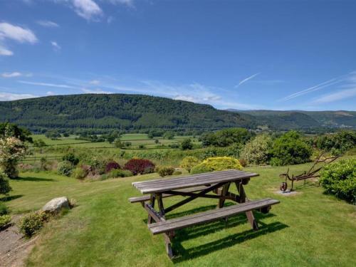 ランウストにあるHoliday Home Conwy Valley View by Interhomeの草原に座る木製のピクニックテーブル