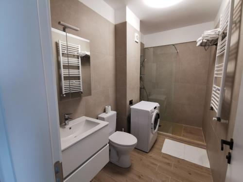 La salle de bains est pourvue de toilettes, d'un lavabo et d'une douche. dans l'établissement Alee Infinity Pool & Spa by Black Sea, à Mamaia Nord – Năvodari