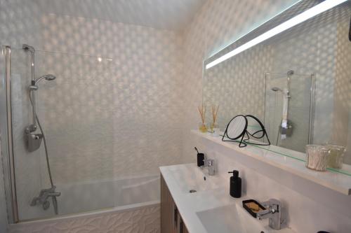 une salle de bain avec une douche, un lavabo et une baignoire dans l'établissement Maréchal Foch - Magnifique appartement avec une spacieuse terrasse Capbreton, à Capbreton