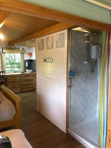 a shower with a glass door in a bathroom at Mulberry Cottage Farm in Wyboston