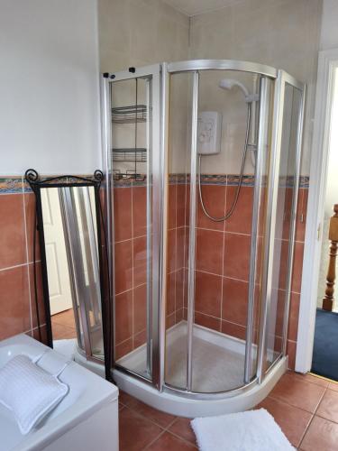 a shower with glass doors in a bathroom at Divine Cottage in Ballycastle