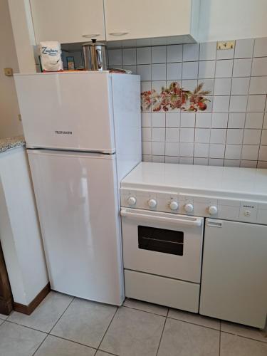 a kitchen with a white refrigerator and a stove at Green & Blue House in Valbrona