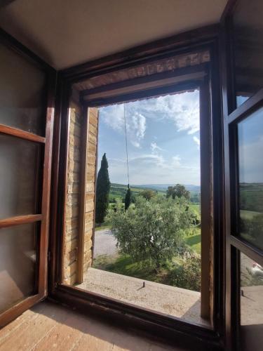 an open window with a view of a tree at Podere Cacchini in Pienza