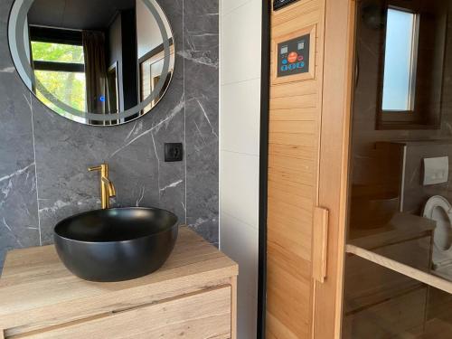 een badkamer met een zwarte wastafel en een spiegel bij Wellnesslodge Specht in Dalerveen