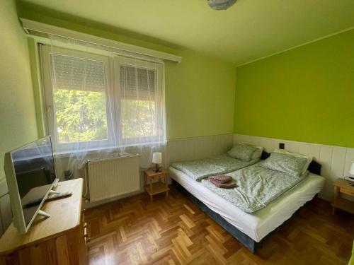 a green room with a bed and two windows at Rózsa Lak in Hajdúszoboszló