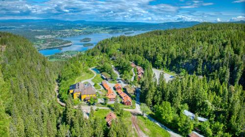 an aerial view of a house in the middle of a forest at Kleivstua Hotel near Krokskogen in Sundvollen