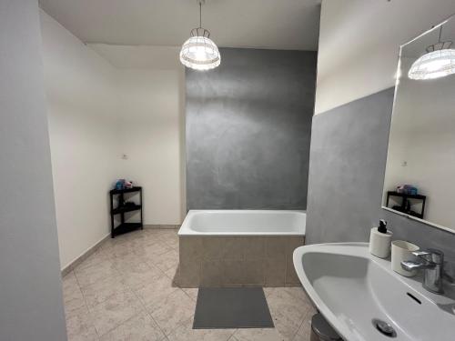 La salle de bains est pourvue d'une baignoire et d'un lavabo. dans l'établissement Appartement T5 standing 104m2, à Orléans