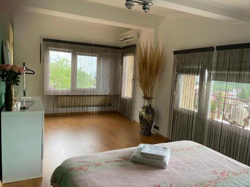 a bedroom with a bed and two windows at Villa Omnia in Varna City