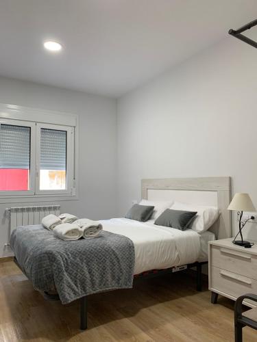 Un dormitorio blanco con una cama grande y una ventana en Castiñeiras Street 2, en Sarria
