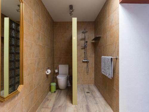 e bagno con servizi igienici e doccia con specchio. di Beautiful beach house in traditional Canarian style a Puerto de Mogán