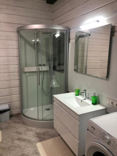 ein Bad mit einer Dusche, einem Waschbecken und einem Spiegel in der Unterkunft Greenhouse in Voropayev