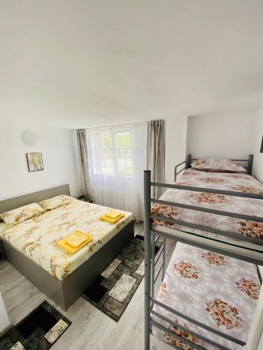 a bedroom with two bunk beds and a window at Pensiunea La Doinel in Densuş