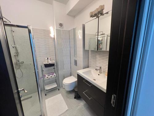 La salle de bains est pourvue d'une douche, d'un lavabo et de toilettes. dans l'établissement Lavand Eighteen 3, à Mamaia Nord – Năvodari