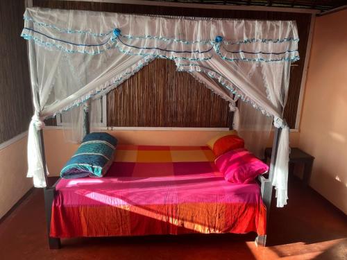 a bed with a canopy in a room at Le Rocher in Sainte Marie