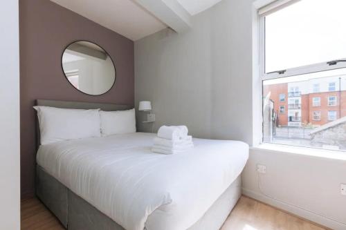 a bedroom with a bed with a mirror and a window at Relaxing 1BD Flat with a Roof Terrace - Portobello in Dublin