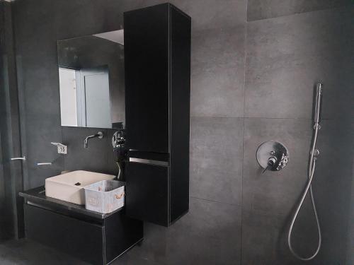 a bathroom with a shower with a sink and a mirror at The Green Blue House in Dar el Koudia