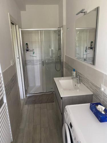 a bathroom with a shower and a sink and a washing machine at Punta TRE in Punta Marina