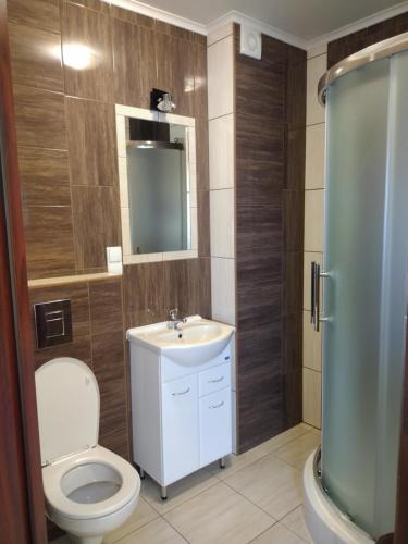 bagno con servizi igienici, lavandino e specchio di Pokoje Gościnne U Teresy a Leśnica