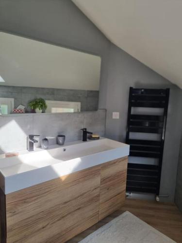 une salle de bain avec un lavabo et un grand miroir dans l'établissement Charmante maison proche de Paris, à Sainte-Geneviève-des-Bois