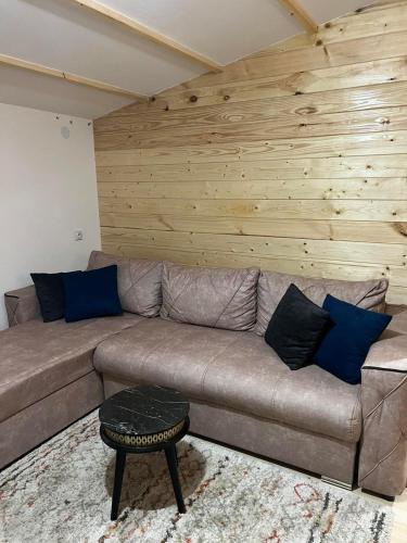 a brown couch in a room with a wooden wall at Milica 2 Mezdrejska 87 A in Crni Vrh