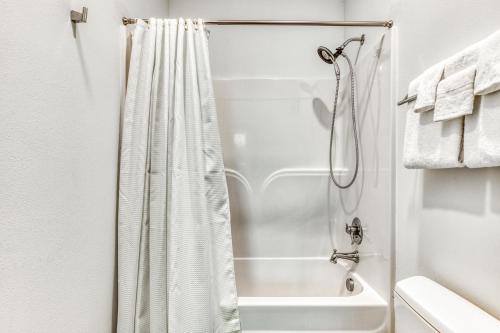 a bathroom with a shower with a shower curtain at Owl Creek Studio in Stevenson