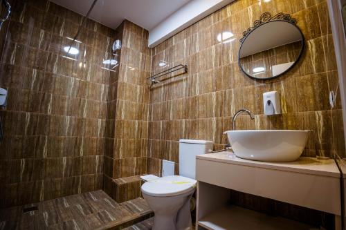 La salle de bains est pourvue d'un lavabo, de toilettes et d'un miroir. dans l'établissement Bliss Inn Tunari, à Tunari