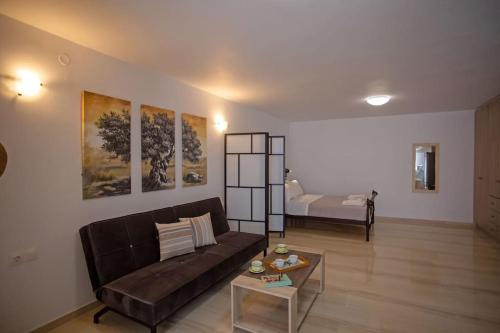 a living room with a couch and a bed at Nice & Cosy Mykonos studios in Megali Ammos