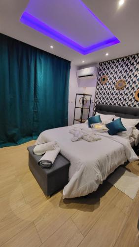 um quarto com uma cama grande e um tecto roxo em Studio chic et cosy em Caiena