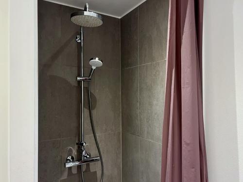 a bathroom with a shower with a red shower curtain at Cozy New Apartment In Popular Area 2 in Copenhagen