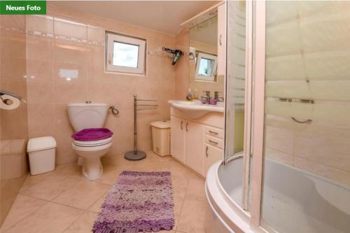 a bathroom with a toilet and a shower and a sink at Apartments Petrovic in Rogoznica