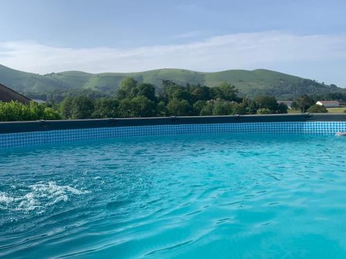 un bassin d'eau avec des montagnes en arrière-plan dans l'établissement Nouvelle location de vacances, à Ainhice-Mongelos