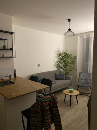 een woonkamer met een bank en een tafel bij Joli appartement meublé in Annecy