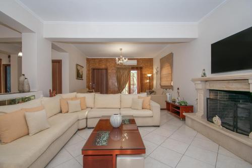 a living room with a couch and a fireplace at Kozanos Hotel & Suites in Amoudi