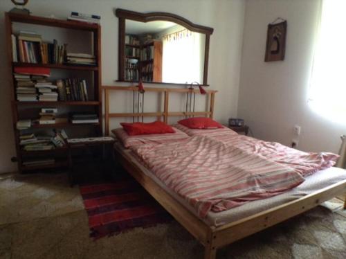 uma cama grande num quarto com um espelho em Návrat do starých časů, ubytování květen - září em Slabetz