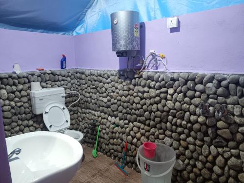 a bathroom with a toilet and a rock wall at Baspa Valley Adventure Camp in Saturang