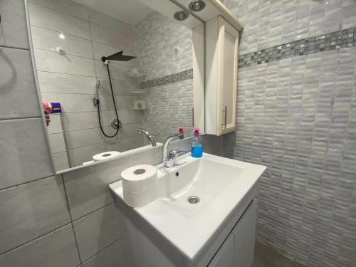 ein weißes Bad mit einem Waschbecken und einer Dusche in der Unterkunft דירת בוטיק - Boutique apartment in Bayit Wegan
